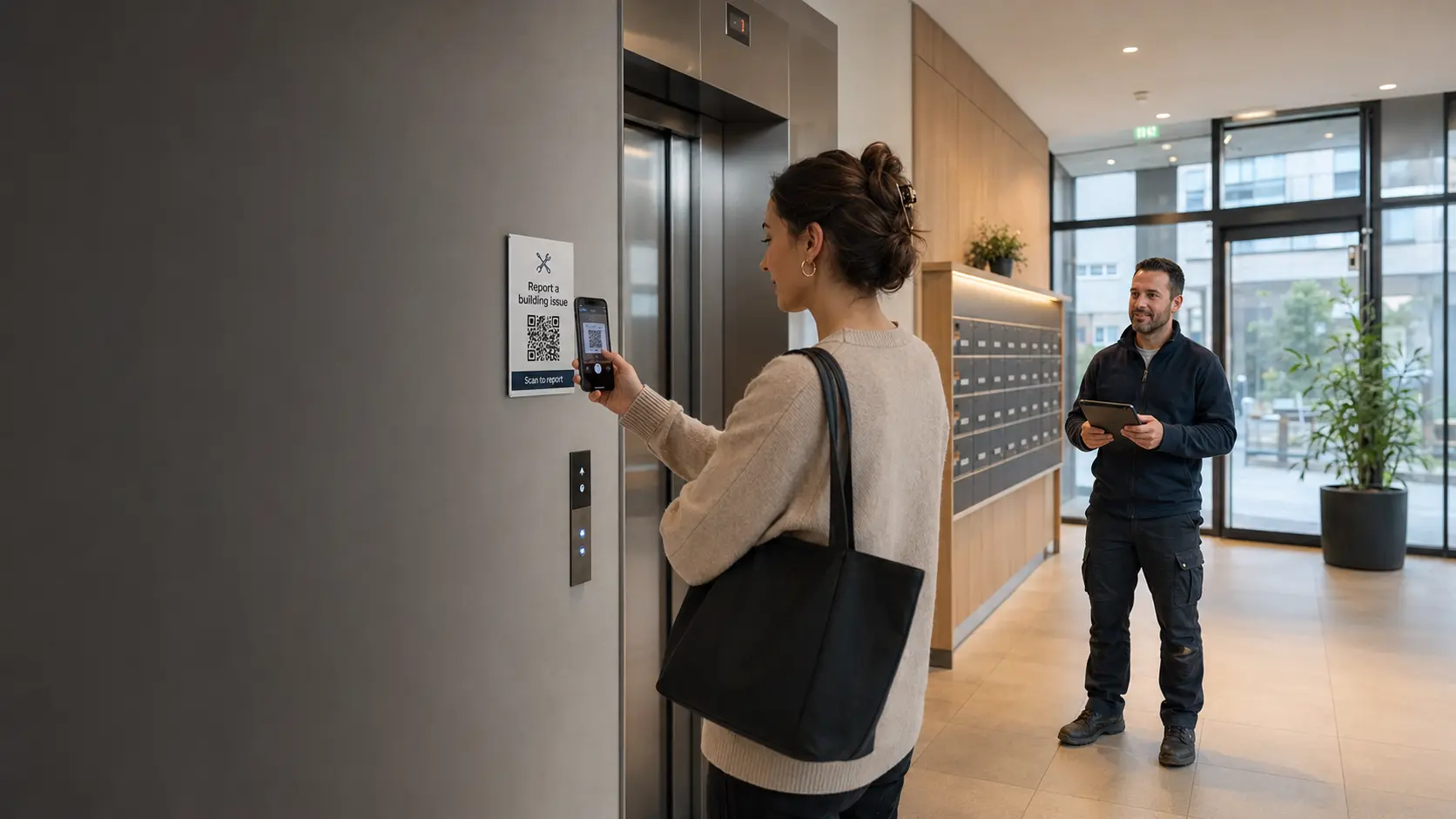 Tenant scanning a building maintenance QR code in a modern lobby