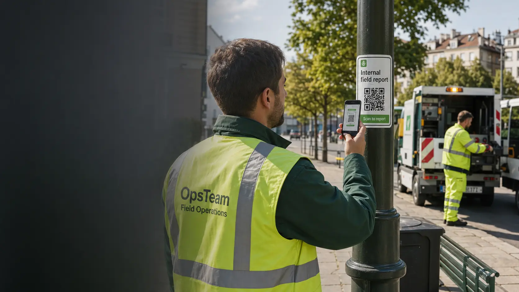 Field employee scanning a QR code to report an outdoor issue