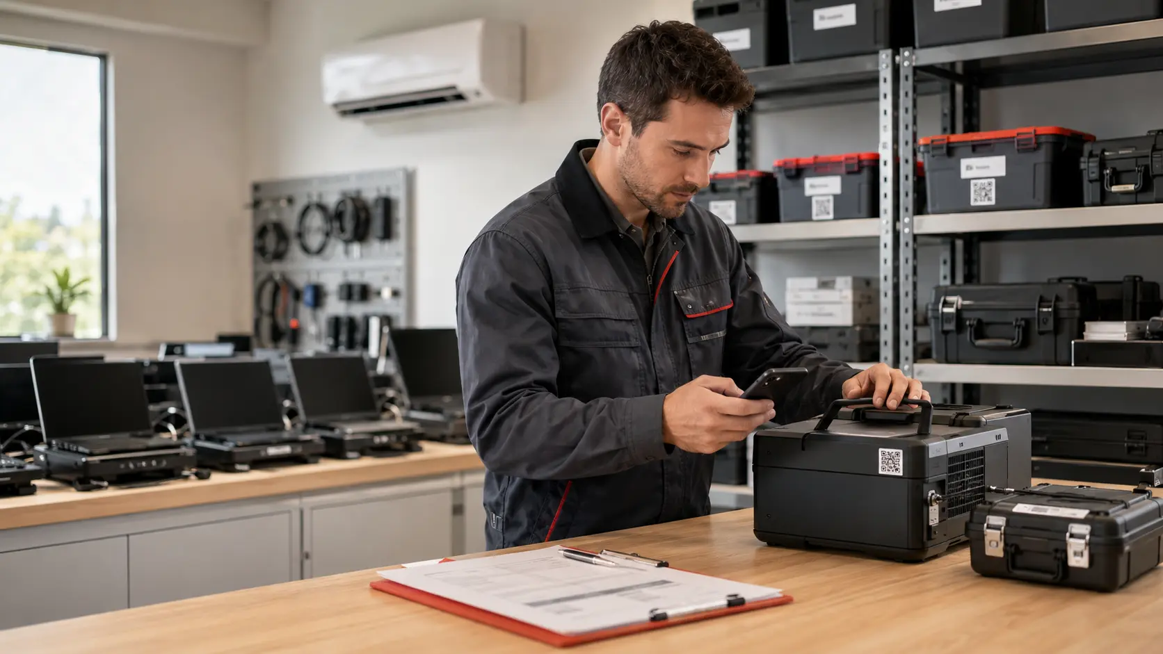 Employee scanning a QR label on a physical company asset